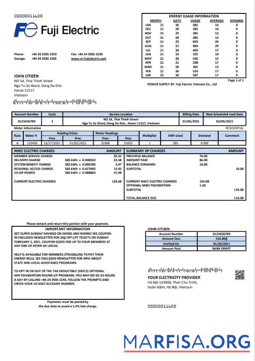 Blank Vietnam Fuji Electric Vietnam Co. utility bill template in Word format